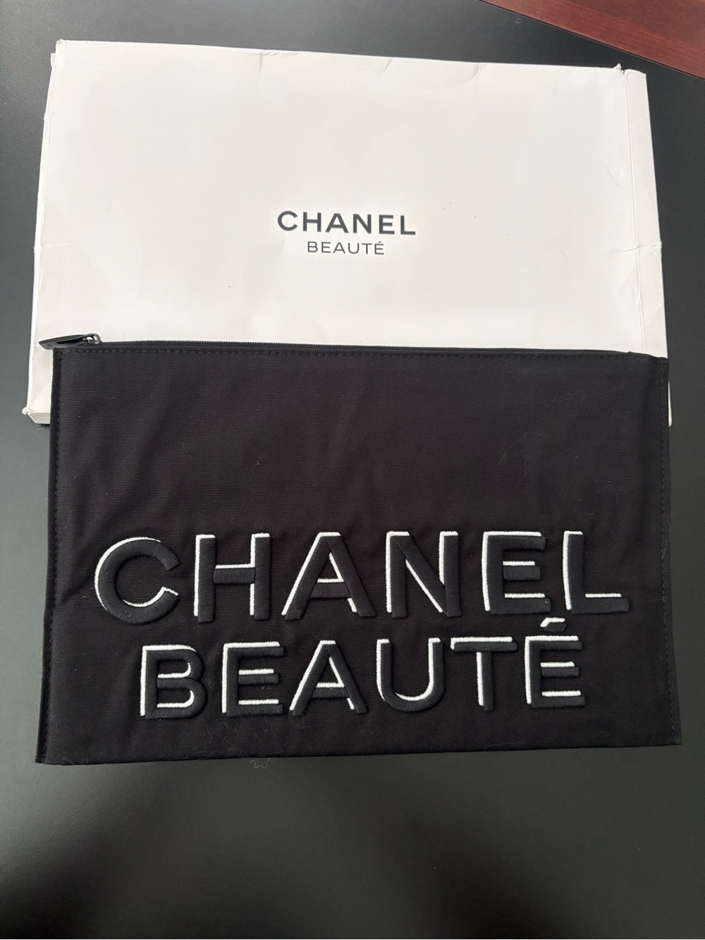 CHANEL BEAUTE Black and White Beauté Logo Zip Pouch
